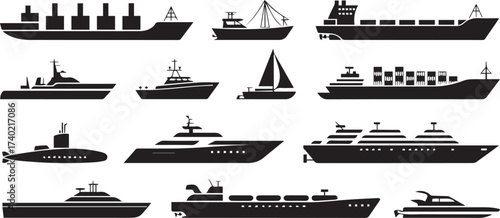 black ship silhouettes set vector icons of cargo cruise yacht submarine ferry motorboat sailboat