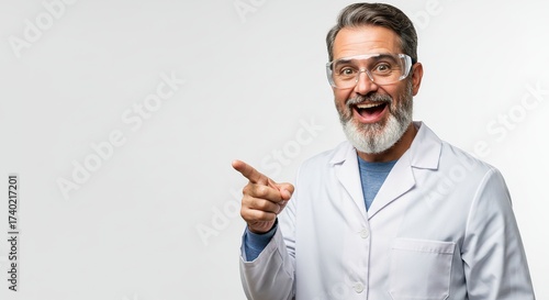 Excited Bearded Scientist in Lab Coat Points Finger with Joy and Surprise Isolated on Transparent Background