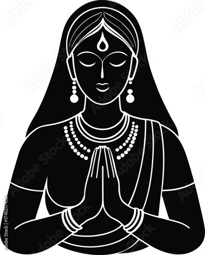 Indian woman silhouette namaste greeting traditional gesture culture welcome elegance