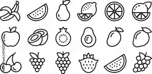 black and white fruit line art vector set ai eps png jpeg with stylized fruit icons for design