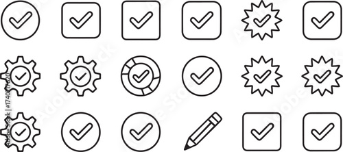 clean set of checkmark icons outline style for completed tasks approval badges and interface