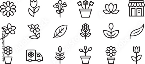 botanical vector icons pack black line art flower leaf potted plant nursery and florist symbols