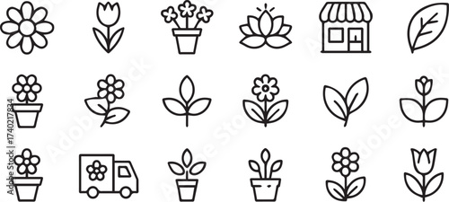 floral icon collection tulip daisy lotus potted plants vase shop delivery truck outline set
