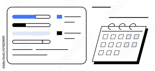 Task progress bars alongside a monthly calendar for scheduling, time management, and project planning. Ideal for productivity, organization, deadlines, schedules, workflow, data simple flat metaphor