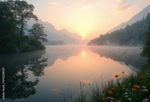 Tranquil Lakeside Reflections Dusk Serenity Calm Water Natural Landscape Ethereal Beauty Atmosphere