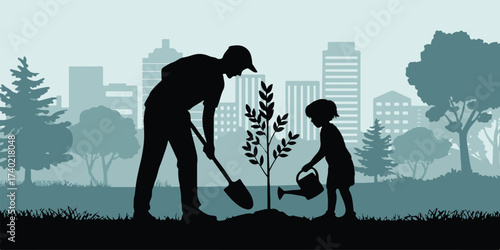 planting a city tree together adult and child planting sapling in urban park silhouette vector illustration
