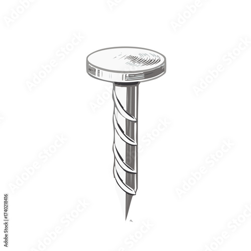 Illustration of a Silver Metal Nail with a Spiral Shank for Carpentry or Construction
