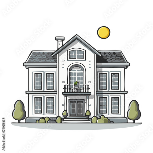 Stylish two-story house illustration with decorative balcony, grey shingle roof, chimney, and simple landscaping under a bright yellow sun