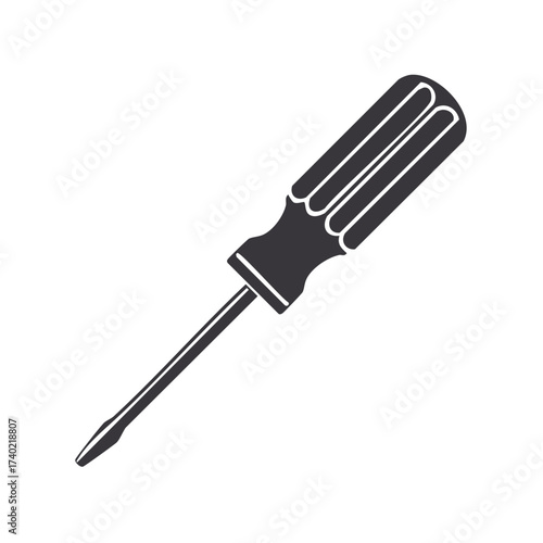 Black and white image of a flat head screwdriver with a black handle for repair and construction projects.