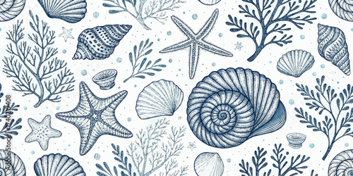 A detailed pattern of seashells, starfish, and seaweed in blue ink on a white background showing sea life