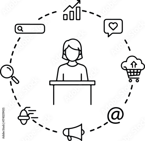 Digital Marketing Icons and Abstract Woman: An array of digital marketing icons encircles a woman, depicting the core concepts of SEO, cloud services, email marketing and online advertising.