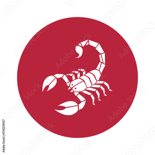 "White scorpion silhouette inside red circle symbol illustration"