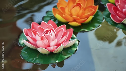 Colorful plastic lotus flowers floating on water surface
