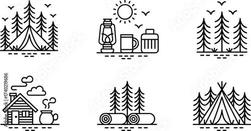 Camping line art, forest tent, cabin sketch, outdoor adventure, nature illustration, teepee drawing, sleeping bag, wilderness scene, black white