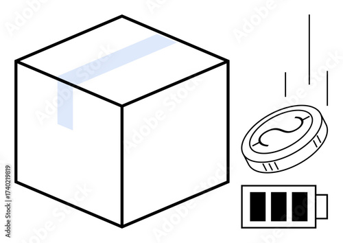 Cardboard box with tape, descending coin, and battery level icon. Ideal for e-commerce, logistics, savings, money, energy storage trade. Simplistic flat metaphor
