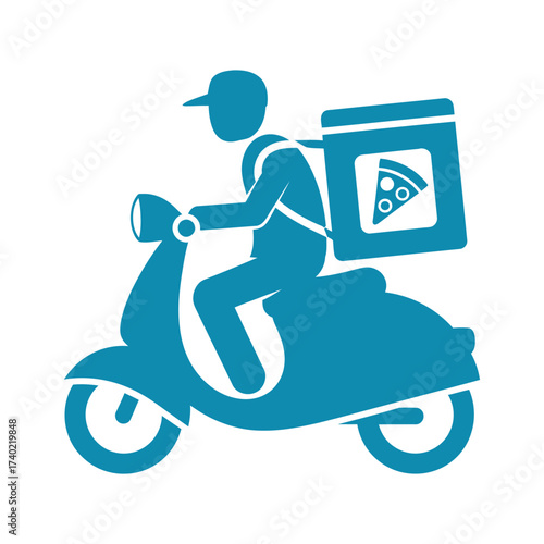 Pizza delivery man riding scooter icon for restaurant takeaway fast food shipping service clean vector illustration design