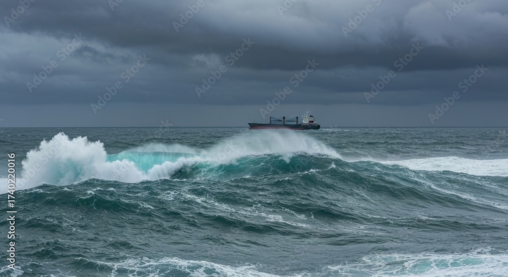 Fototapeta premium Cargo ship sails on rough seas near wave crests under a cloudy sky. A dramatic seascape showing nature's power. Maritime transport, coastal resilience, stormy weather.