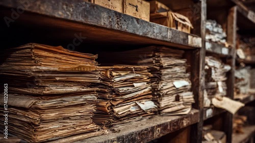 Vintage archive library wooden shelves filled with old yellowed documents papers historical storage system	
