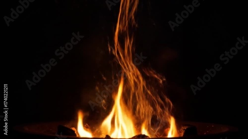 Flames dancing in dark environment with glowing embers below  
