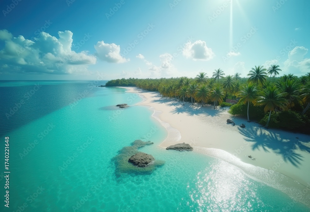 Fototapeta premium Aerial View of Pristine Tropical Beaches with Luminous Water, Soft Sands, and Green Canopies Under Blue Skies