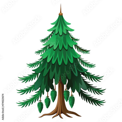 Classic Norway spruce tree with characteristic downward-drooping branches and a narrow, conical shape, often used as a Christmas tree.