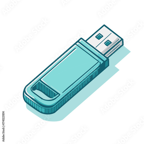 Teal colored USB Flash Drive in isometric view, data storage, memory stick, vector illustration
