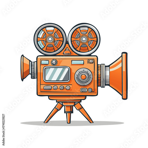 Cartoon Film Camera with Reels on Tripod for Vintage Movie Making and Media Production Equipment