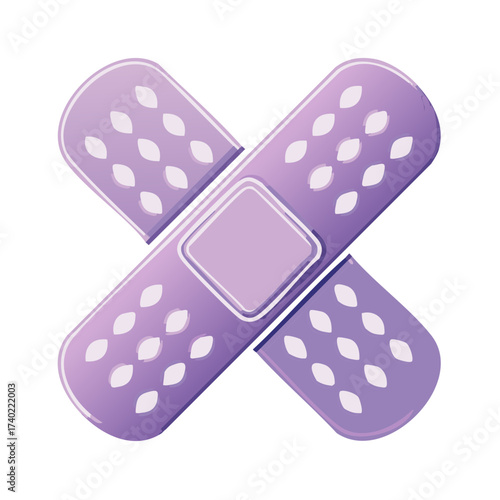 Two crossed purple adhesive bandages symbolizing medical care healing and first aid