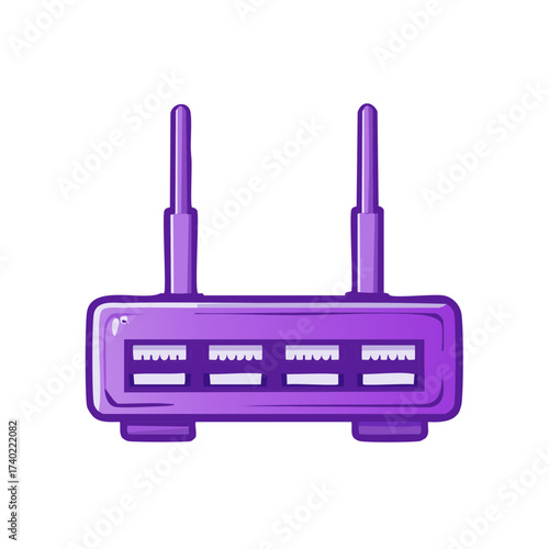 Illustration of a Purple Wireless Router with Antennae and Multiple Ports for Network Connectivity Access