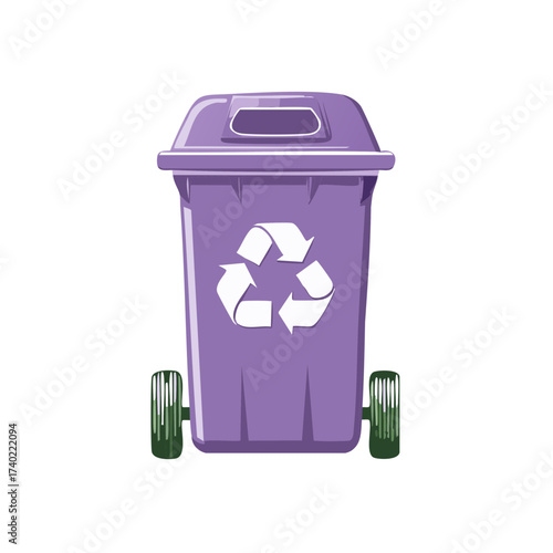 Bright purple wheeled recycling bin with a clear white symbol for waste segregation and environmental sustainability.