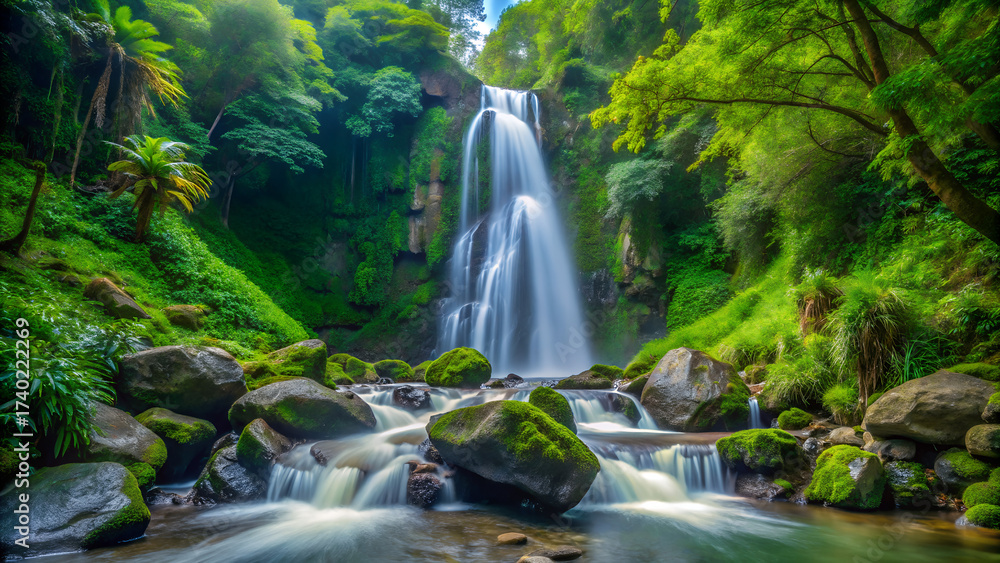 Obraz premium A lush waterfall cascading down mosscovered rocks, surrounded by vibrant green foliage, creating a serene and picturesque scene in the forest