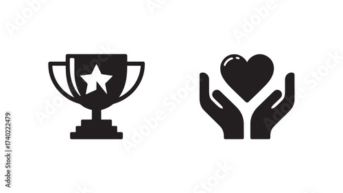 Trophy and heart in hands icons simple flat vector design for recognition and care concepts isolated on white background