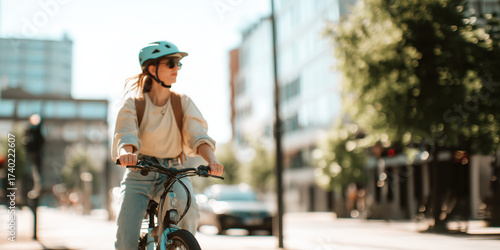 Young woman commuting by bicycle in sunny city street. Eco-friendly urban lifestyle and sustainable mobility concept