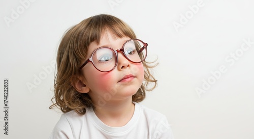 Curious Young Girl Wearing Oversized Glasses Looking Upward Isolated on Transparent Background