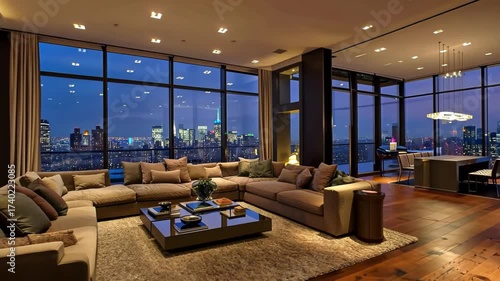 Cityscape view from luxury penthouse apartment living room at night