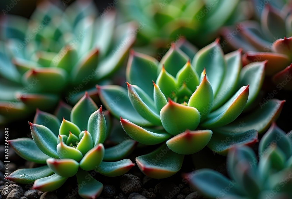 Obraz premium Contrasting Textures of Succulent Plants in a Dynamic Composition with Rich Colors and Motioning Leaves