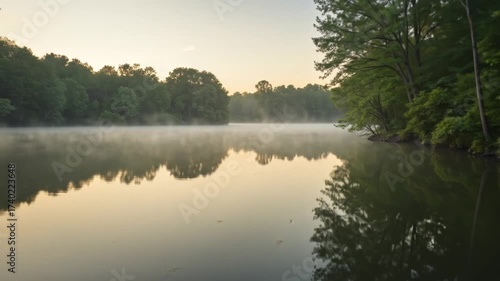 Serene lake reflecting trees in morning mist at dawn  