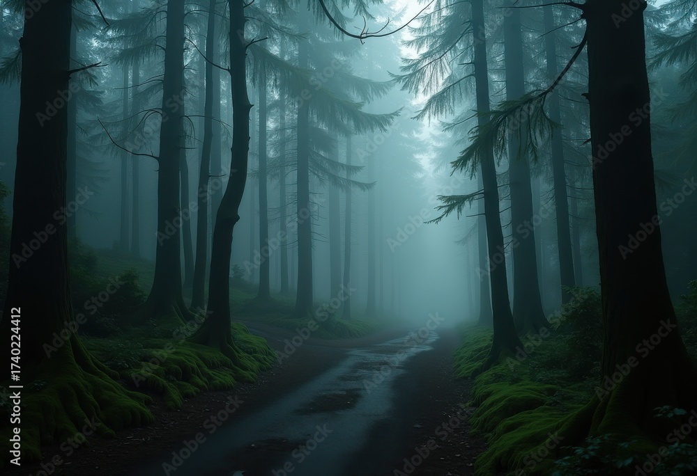 Fototapeta premium Eerie Fog Envelops Ancient Forest Trail Mysterious Atmosphere Wilderness Natural Light