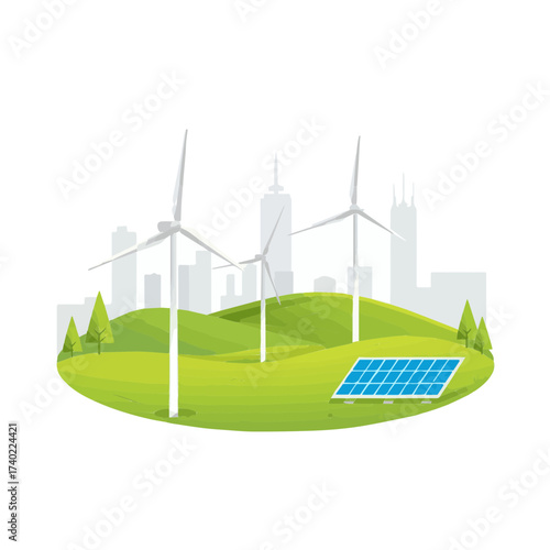 Wind turbines and solar panels near city
