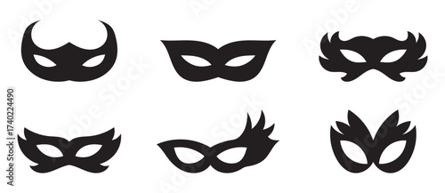 Superhero or thief mask with eye slits vector black icon set. Masquerade costume mask silhouette hidden villain or burgar face. Simple design carnival incognito party masque clip art illustration. eps