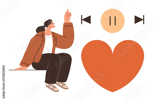 Young person seated, pointing up near media control icons and vibrant heart, symbolizing emotional connection, music passion, and content curation. Ideal for lifestyle, creativity, relationships