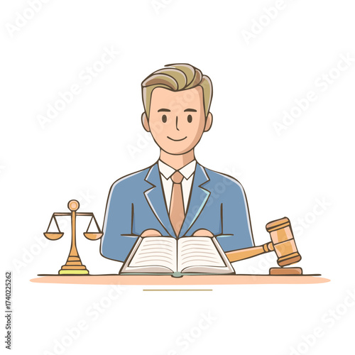 Cartoon Advocate with Law Book Scales and Gavel Promoting Fair Justice