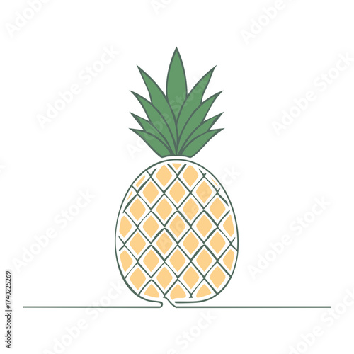Minimalist pineapple line art illustration with green leaves and tropical fruit on isolated background