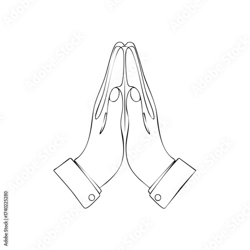Line art of praying hands expressing faith, reverence and gratitude, for concepts of belief, religion, and spirituality