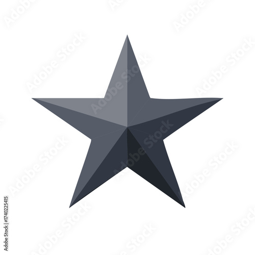 Solid five pointed star emblem icon with gray gradient shading and isolated design. 3D geometric element