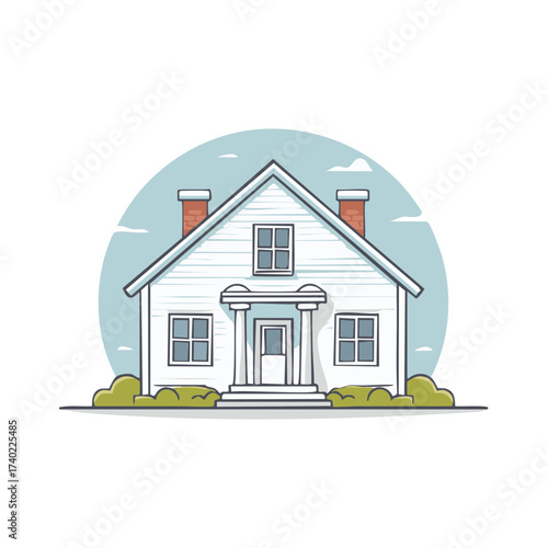 Illustration of a Classic Gable Roof House with Brick Chimneys and Columns Over the Doorway, Bush Frontage