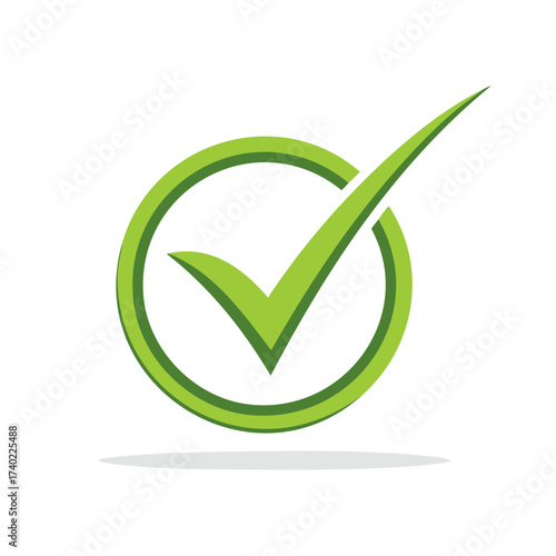 Green check mark icon in a circle symbol representing success approval and confirmation vector illustration