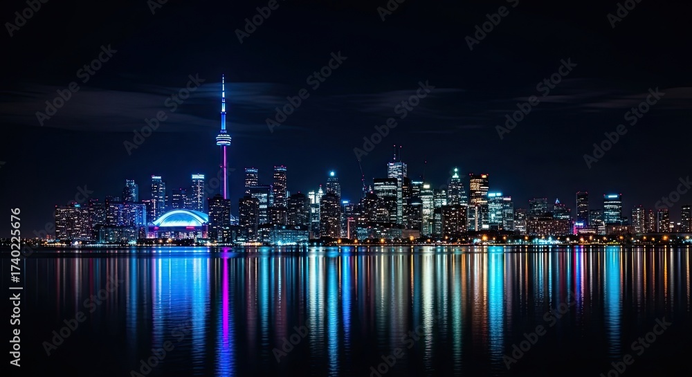Fototapeta premium Vibrant Cityscape Illuminated by Night Lights Reflecting on Water