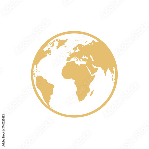 Simplified golden Earth globe icon representing worldwide connection global travel and international concepts