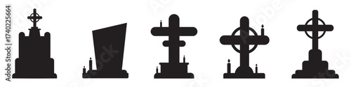 Grave and tombstone icon set with crosses and headstones. Black silhouettes for Halloween, cemetery, funeral, or memorial designs.